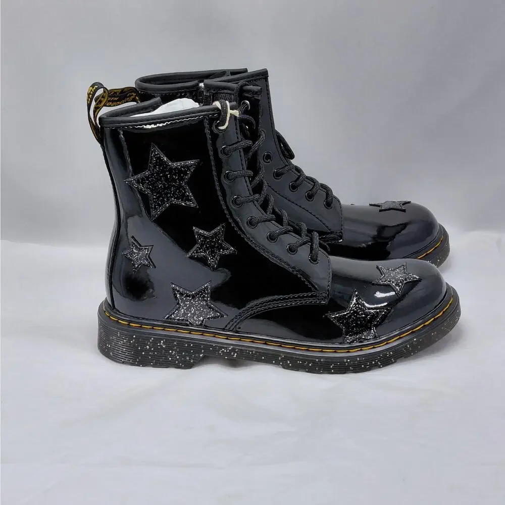 Dr Martens 1460 Girls Size 6 Youth Black Patent Glitter Star Combat Boots School